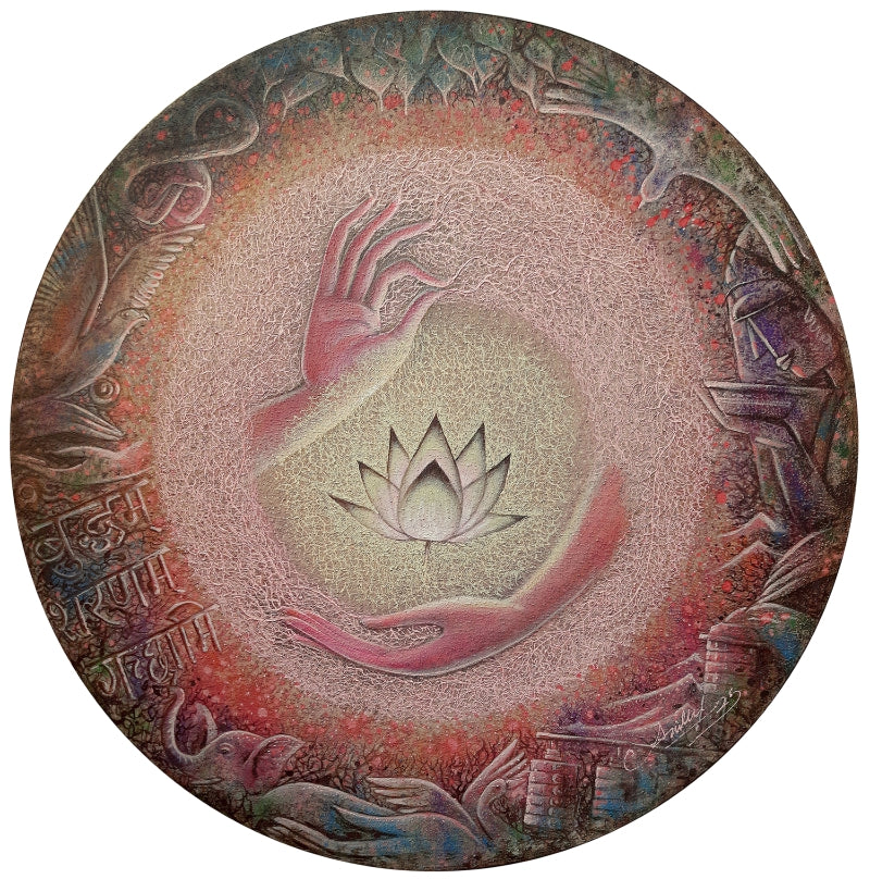 'Enlightenment Vol Xv' religious mixed-media painting by artist Anil Kumar Vishwakarma, 36x36 inch, on canvas