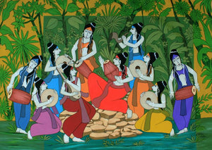 Ensemble (Musical Gopis in the Forest) by Chetan Katigar, Original Acrylic Figurative Painting on Canvas, X-Large Horizontal Wall Art