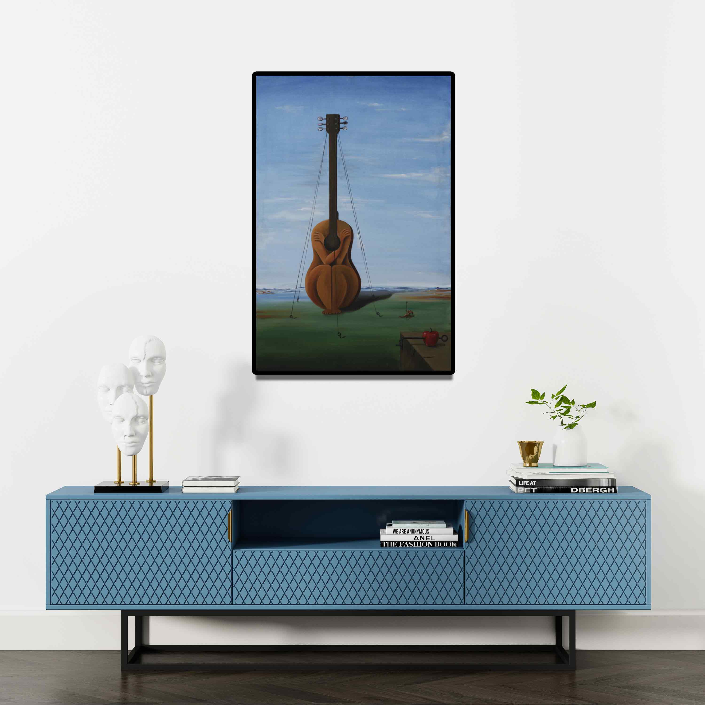 Dewakar Chandran's 'Enslaved By Self (The Melancholy Maestro)' Painting visualized above a sofa in a contemporary room