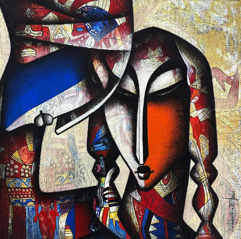 Entined Heart' figurative acrylic-charcoal painting by artist Jagannath Paul, 30x30 inch, on canvas