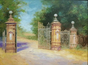 Entrance (The Ornate Gateway) by Mohan Charya, Original Oil Landscape Painting on Canvas, Small Horizontal Wall Art
