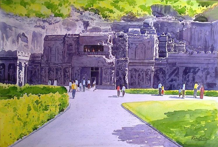 "Entrance Of Ellora Caves" Blue Violet Watercolor Painting by Rahul