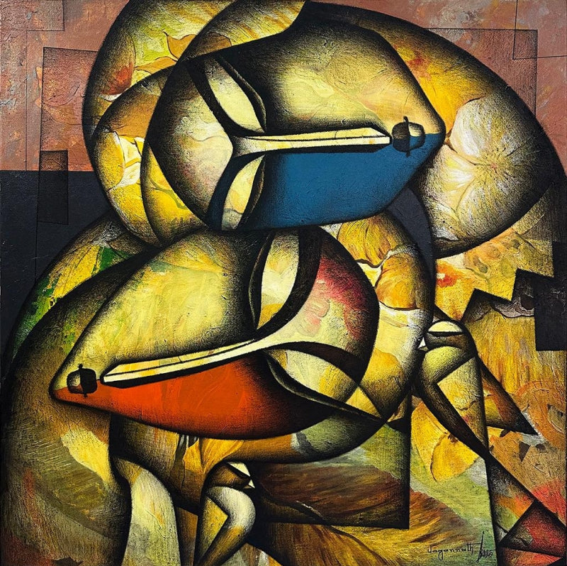 Entwined Heart' figurative acrylic-charcoal painting by artist Jagannath Paul, 48x48 inch, on canvas