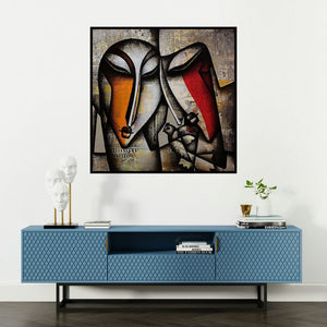 'Entwined Heart' painting by Jagannath Paul shown on a wall in a furnished room.