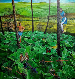 Equal (Rural Life in Harmony) by Anoop Mv, Original Acrylic Figurative Painting on Canvas, Small Vertical Wall Art