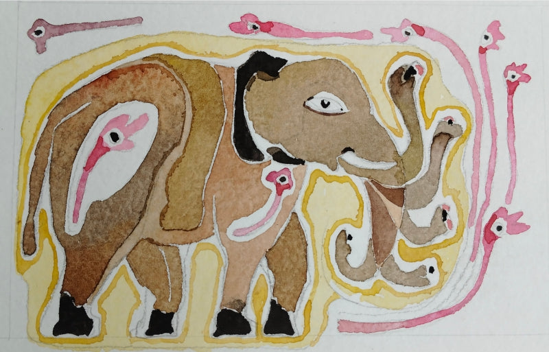 Erawat 7' animals watercolor painting by artist Rohit Joshi, 5x7 inch, on paper