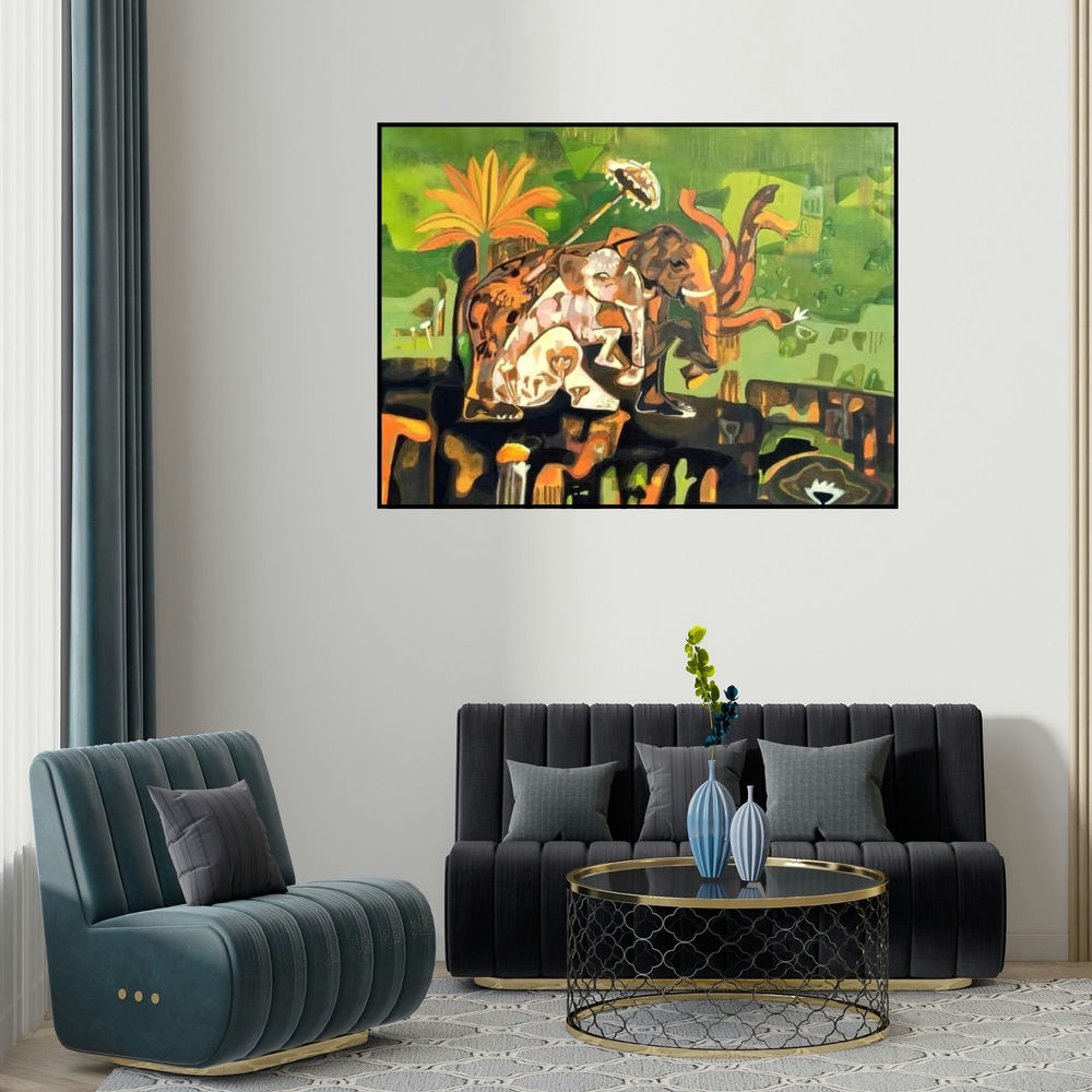 Rohit Joshi's 'Erawat (Divine Elephant)' painting visualized above a sofa in a contemporary room.