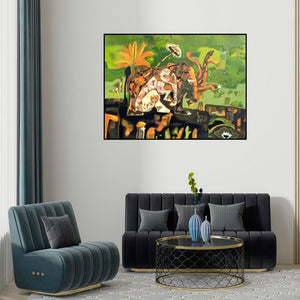 Rohit Joshi's 'Erawat (Divine Elephant)' painting visualized above a sofa in a contemporary room.