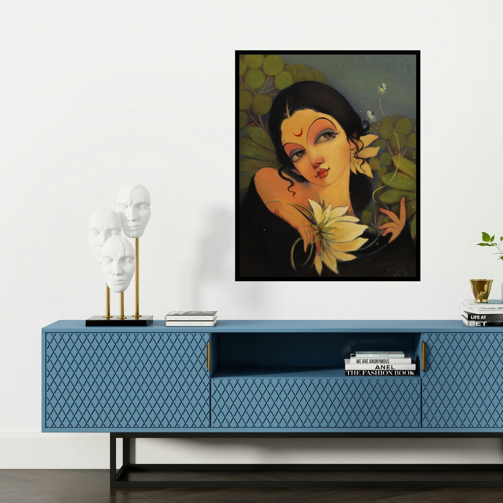'Essence Of Emotions' painting by Renuka Fulsoundar shown on a wall in a furnished room.