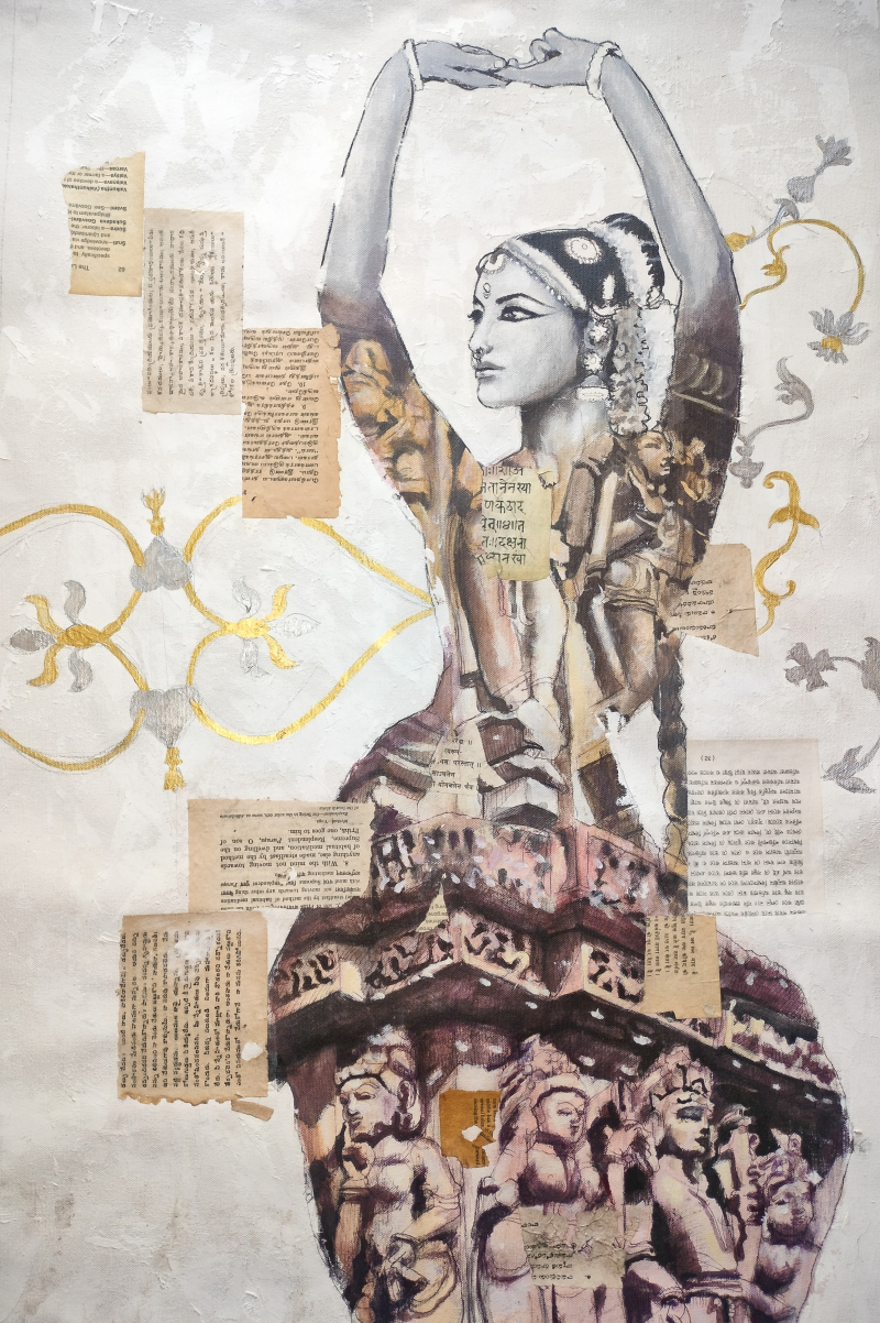 'Etched In Time 1' figurative mixed-media painting by artist Srinivasa Ram Makineedi, 34x22 inch, on canvas