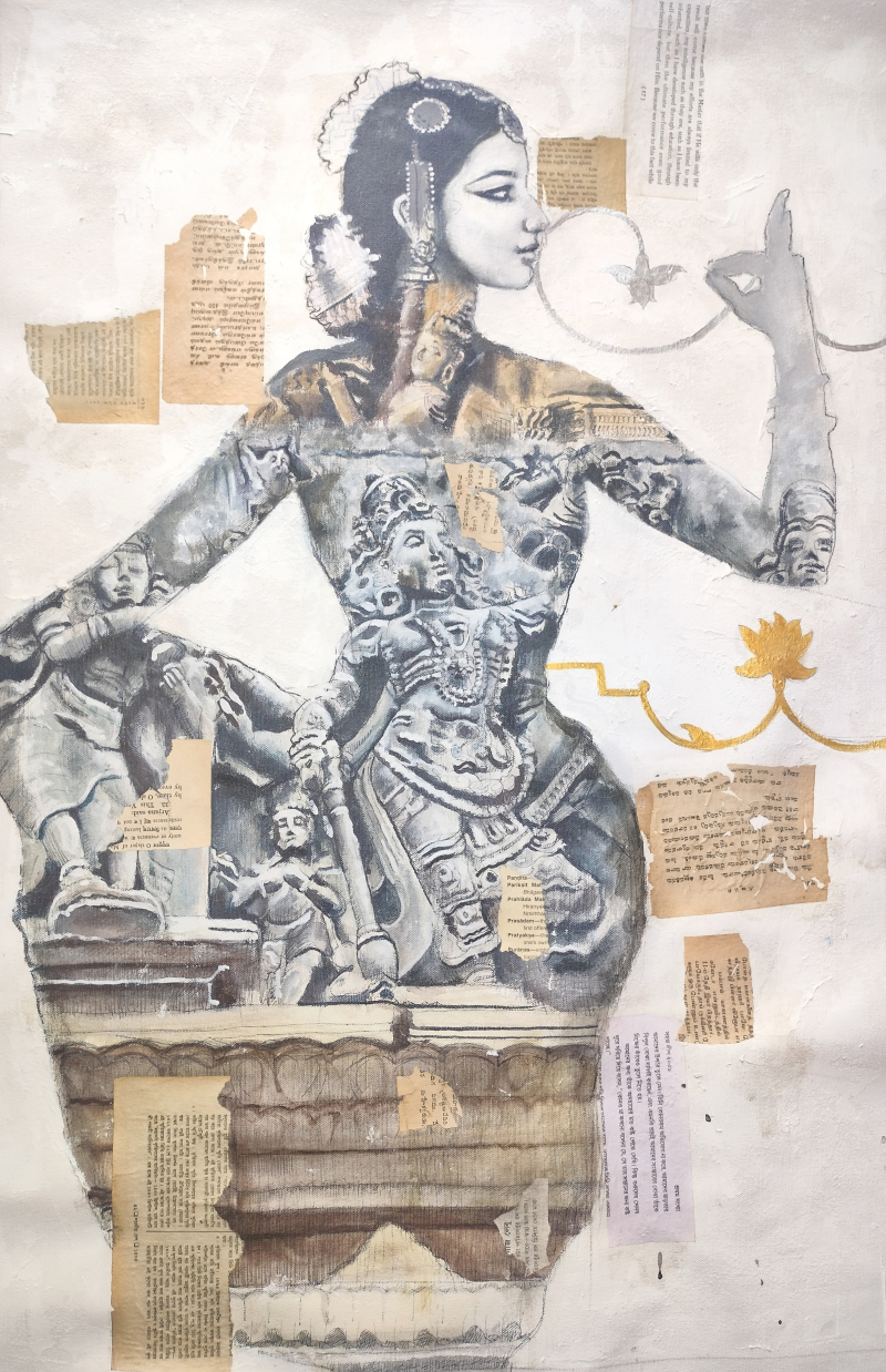 'Etched In Time 2' figurative mixed-media painting by artist Srinivasa Ram Makineedi, 34x22 inch, on canvas