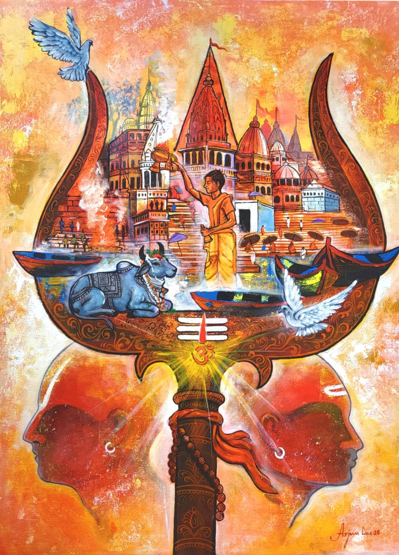 Eternal Of Banaras' religious acrylic painting by artist Arjun Das, 48x36 inch, on canvas