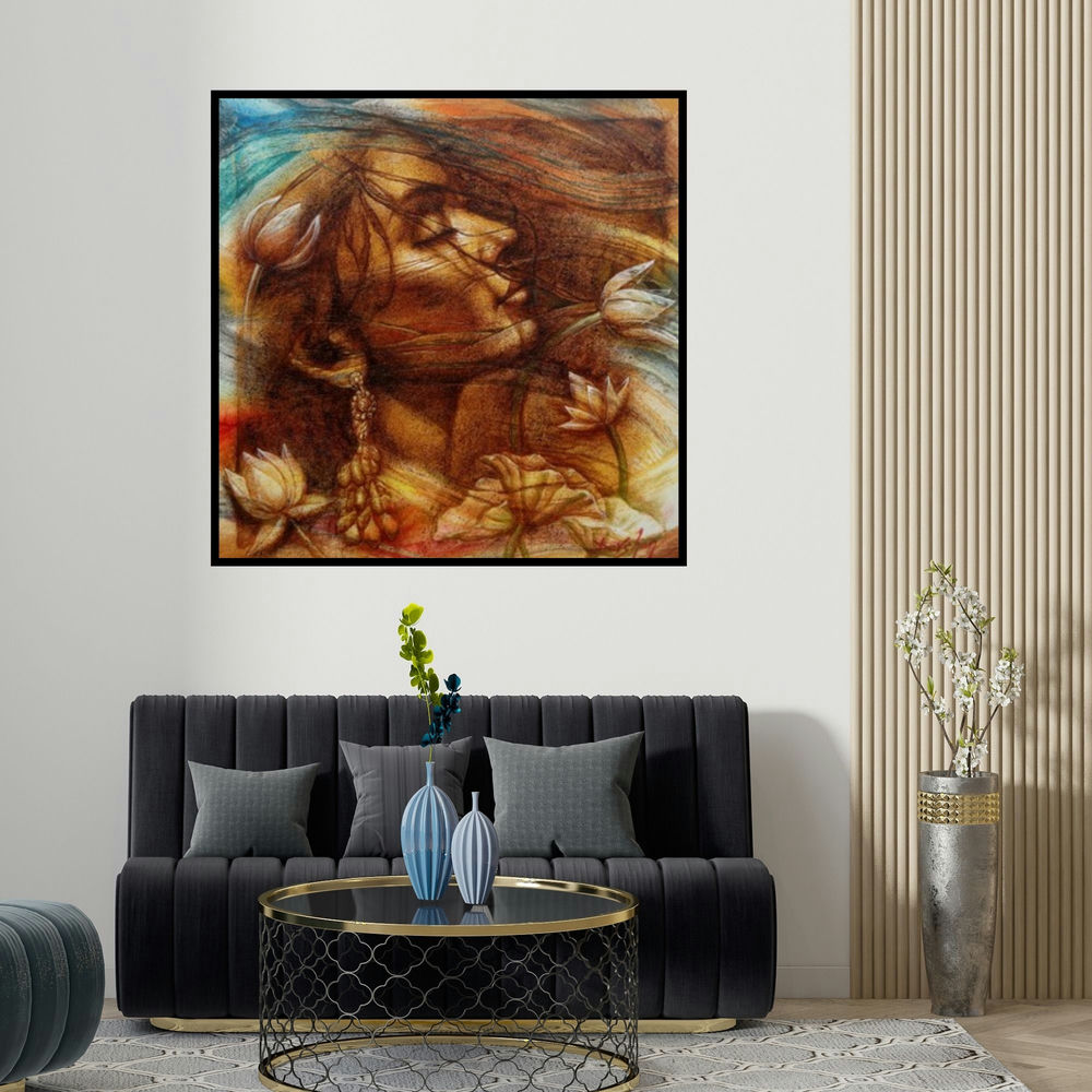 Darshan Sharma's 'Eternal Beauty 5 (Echoes of Inner Peace)' painting visualized above a sofa in a contemporary room.