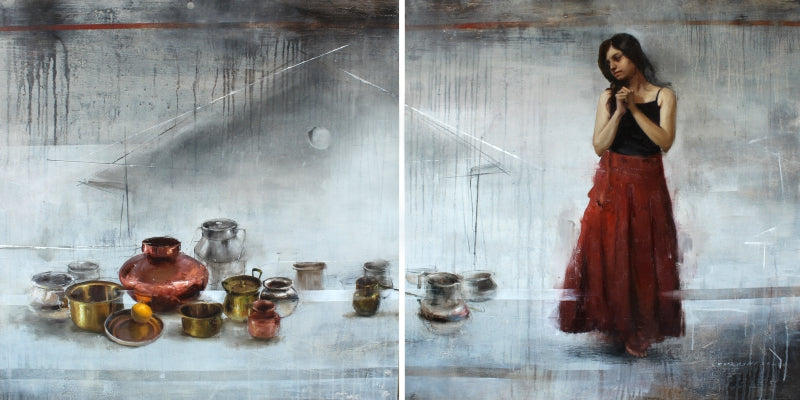 Eternal Feeling (Diptych)' figurative oil painting by artist Surabhi Gulwelkar, 36x72 inch, on canvas