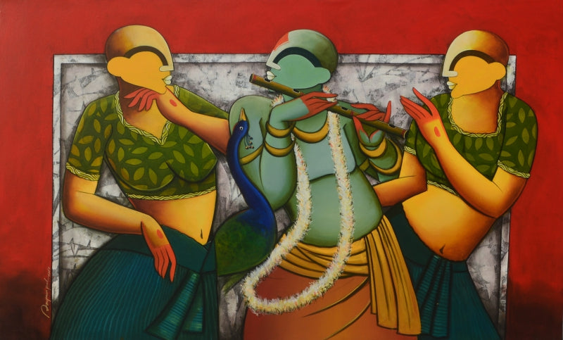 The Eternal Flute' figurative acrylic painting by artist Anupam Pal, 36x60 inch, on canvas