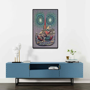 Preview of 'Eternal Lovers (Eternal Lovers)' Painting by Jitendra Dangi shown on a wall in a furnished room.