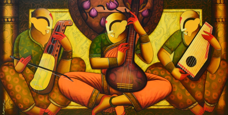 Eternal Melody' figurative acrylic painting by artist Anupam Pal, 36x72 inch, on canvas