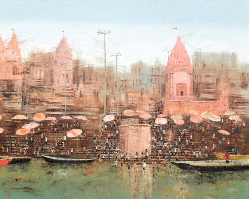 'Eternal Rhythms Of Banaras' religious oil painting by artist Purnendu Mandal, 48x60 inch, on canvas