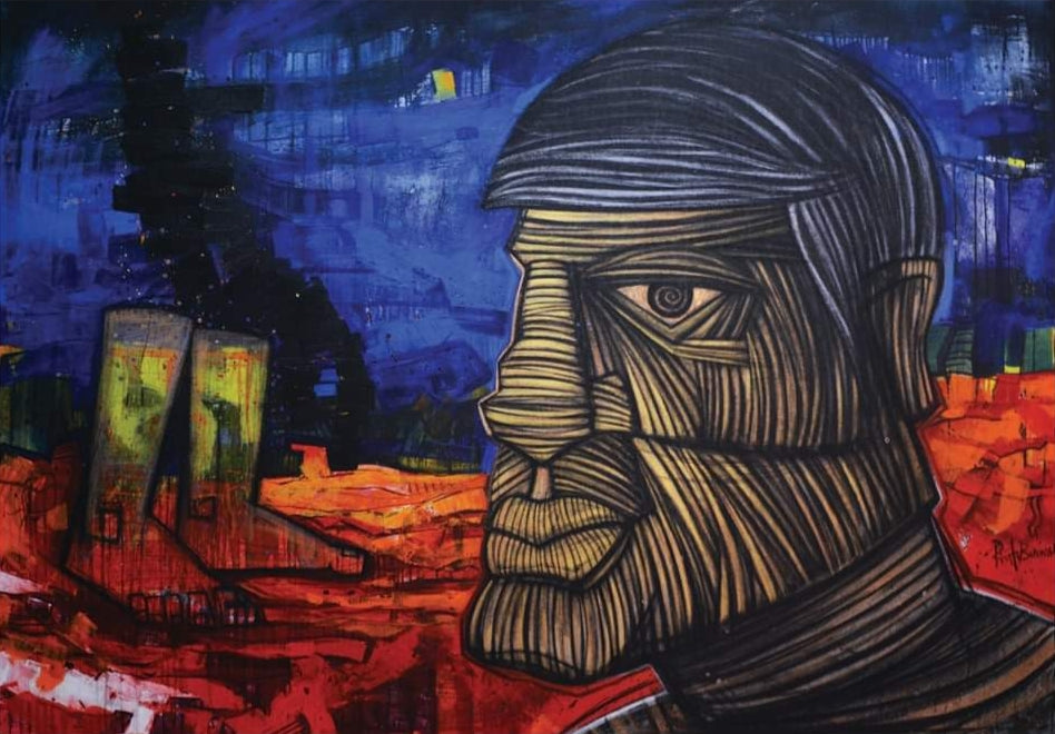 'The Eternal Struggle 1' figurative acrylic-charcoal painting by artist Pintu Biswas, 54x78 inch, on canvas