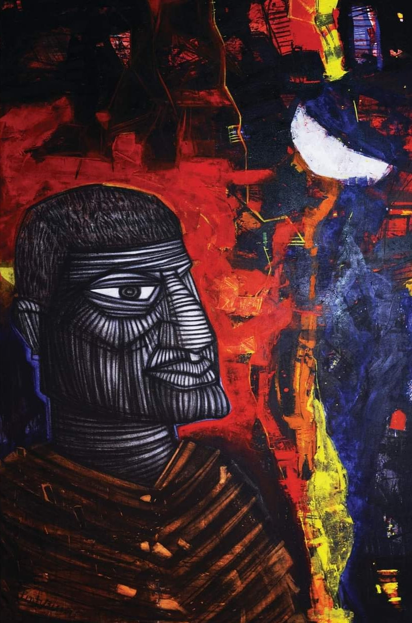 'The Eternal Struggle 2' figurative acrylic-charcoal painting by artist Pintu Biswas, 72x48 inch, on canvas