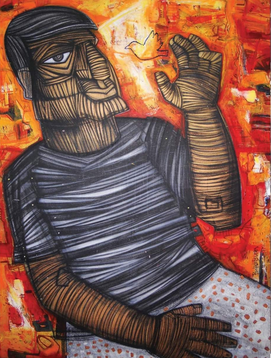 'The Eternal Struggle 3' figurative acrylic-charcoal painting by artist Pintu Biswas, 72x54 inch, on canvas
