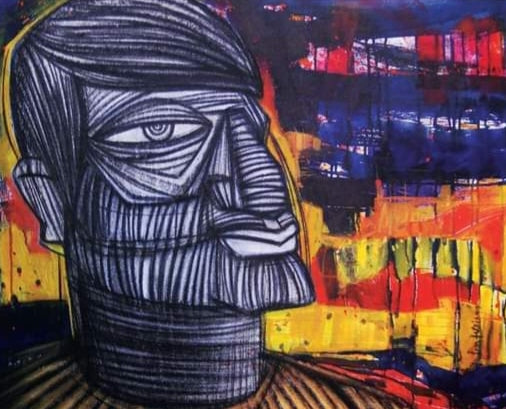 'The Eternal Struggle 4' figurative acrylic-charcoal painting by artist Pintu Biswas, 30x36 inch, on canvas