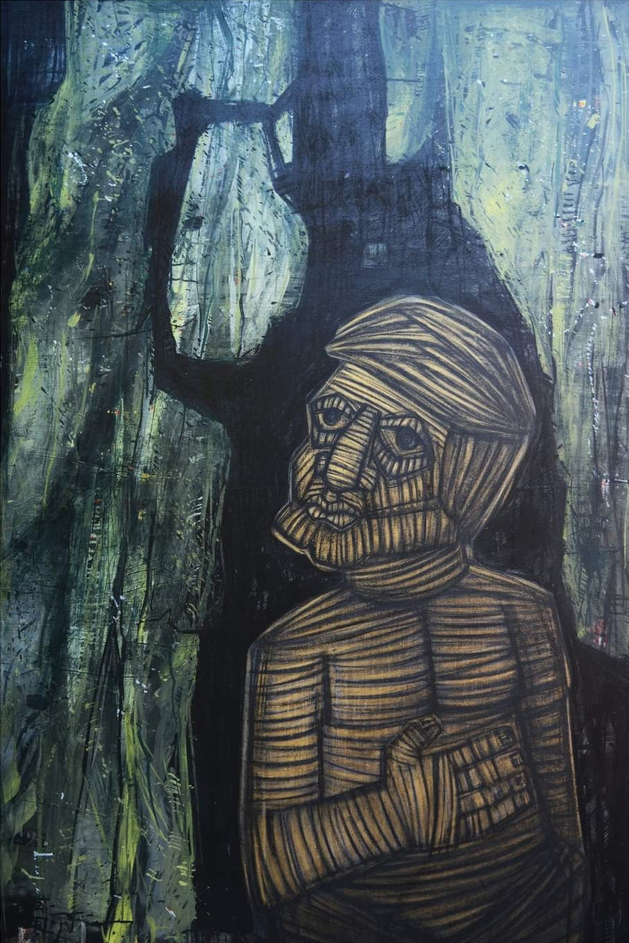 'The Eternal Struggle 5' figurative acrylic-charcoal painting by artist Pintu Biswas, 72x48 inch, on canvas