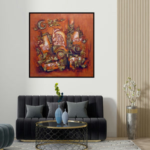 Suman Dongre's 'Ethenic Art' painting visualized above a sofa in a contemporary room.