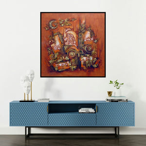 'Ethenic Art' painting by Suman Dongre shown on a wall in a furnished room.