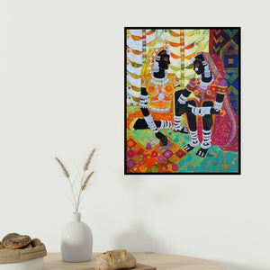 Anuradha Thakur's 'Ethnic Serendipity 150' painting visualized above a sofa in a contemporary room.