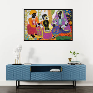 Preview of 'Ethnic Serendipity 171' Painting by Anuradha Thakur shown on a wall in a furnished room.