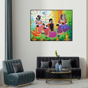 Anuradha Thakur's 'Ethnic Serendipity 22 (Conversations in Color)' painting visualized above a sofa in a contemporary room.