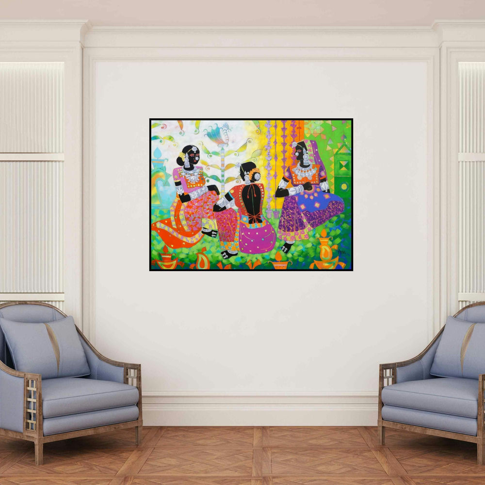 'Ethnic Serendipity 22 (Conversations in Color)' painting by Anuradha Thakur shown on a wall in a furnished room.