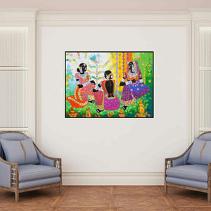 'Ethnic Serendipity 22 (Conversations in Color)' painting by Anuradha Thakur shown on a wall in a furnished room.