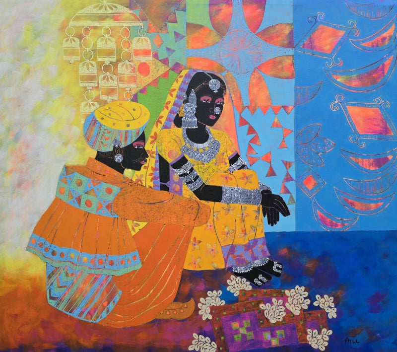 Ethnic Serendipity' figurative acrylic painting by artist Anuradha Thakur, 43x38 inch, on canvas