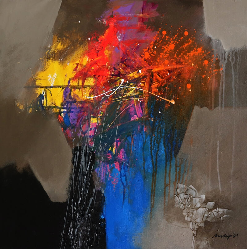 Euphoric Burst' contemporary acrylic painting by artist Pradip Sengupta, 24x24 inch, on canvas