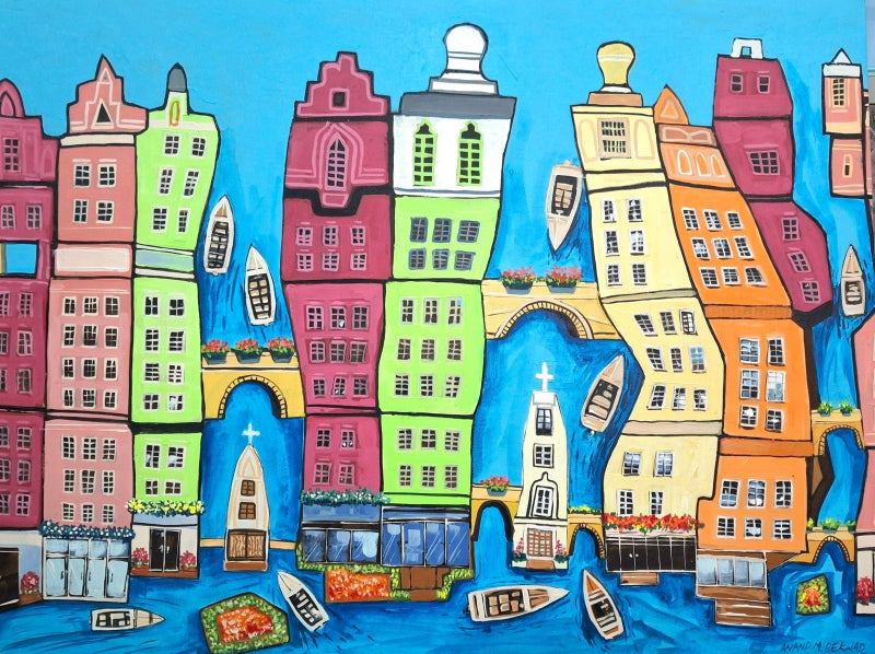 Europe Series Amsterdam' cityscape acrylic painting by artist Anand Bekwad, 36x48 inch, on canvas