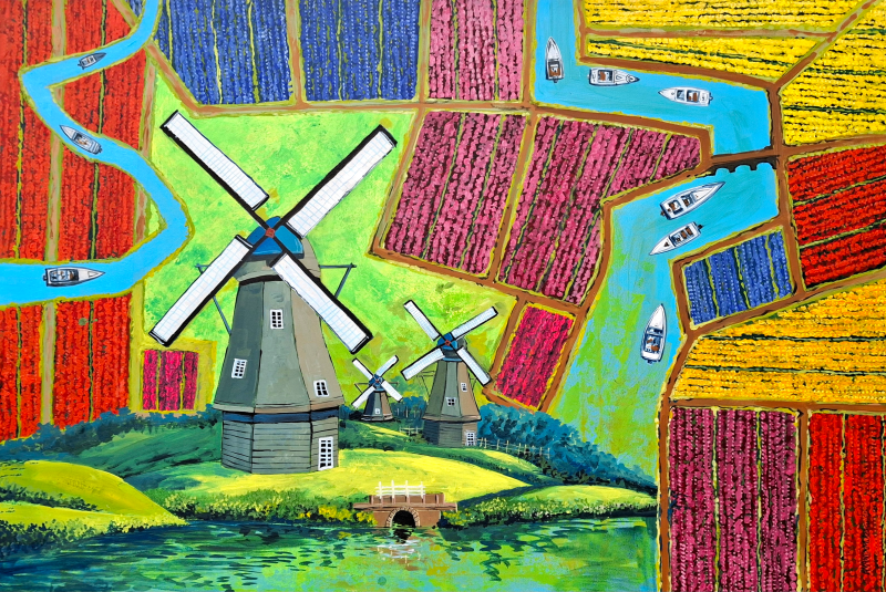 Europe Series Windmill Amsterdam' cityscape acrylic painting by artist Anand Bekwad, 48x72 inch, on canvas