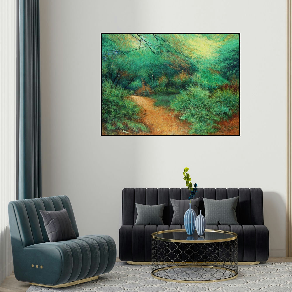 Vimal Chand's 'Evening (Evenings Glow)' painting visualized above a sofa in a contemporary room.