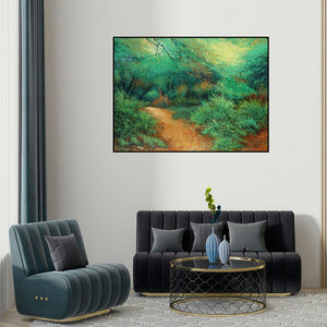 Vimal Chand's 'Evening (Evenings Glow)' painting visualized above a sofa in a contemporary room.