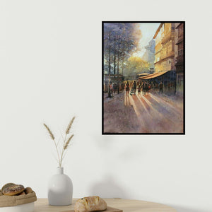 Nanasaheb Yeole's 'Evening (Golden Hour Stroll)' painting visualized above a sofa in a contemporary room.