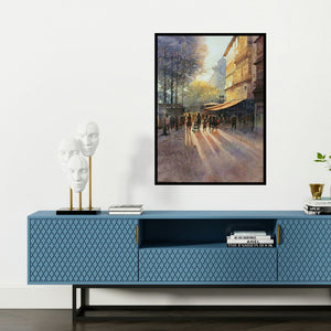'Evening (Golden Hour Stroll)' painting by Nanasaheb Yeole shown on a wall in a furnished room.