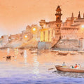 Cityscape watercolor painting titled 'Evening At Banaras', 15x22 inches, by artist Ambadas Nagpure on Paper