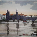 Cityscape watercolor painting titled 'Evening At Charles Bridge Prague', 7x11 inches, by artist Arunava Ray on Paper
