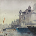 Cityscape watercolor painting titled 'Evening At Varanasi 5', 20x14 inches, by artist Rupesh Sonar on Paper
