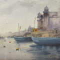 Cityscape watercolor painting titled 'Evening At Varanasi', 14x20 inches, by artist Rupesh Sonar on Paper