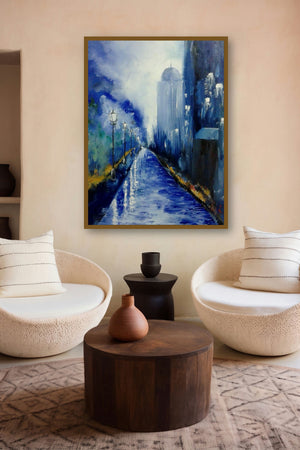 Evening City (Dusks Embrace) by artist Kiran Bableshwar displayed in a Modern gallery