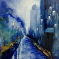 Cityscape oil painting titled 'Evening City', 23x20 inches, by artist Kiran Bableshwar on Canvas