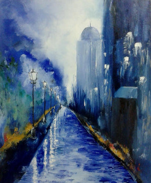 Evening City (Dusks Embrace) by Kiran Bableshwar, Original Oil Cityscape Painting on Canvas, Small Vertical Wall Art