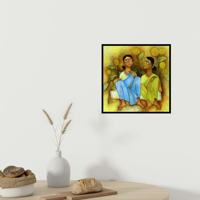 In-situ view of Mohit Naik's 'Evening Conversations' painting in a room